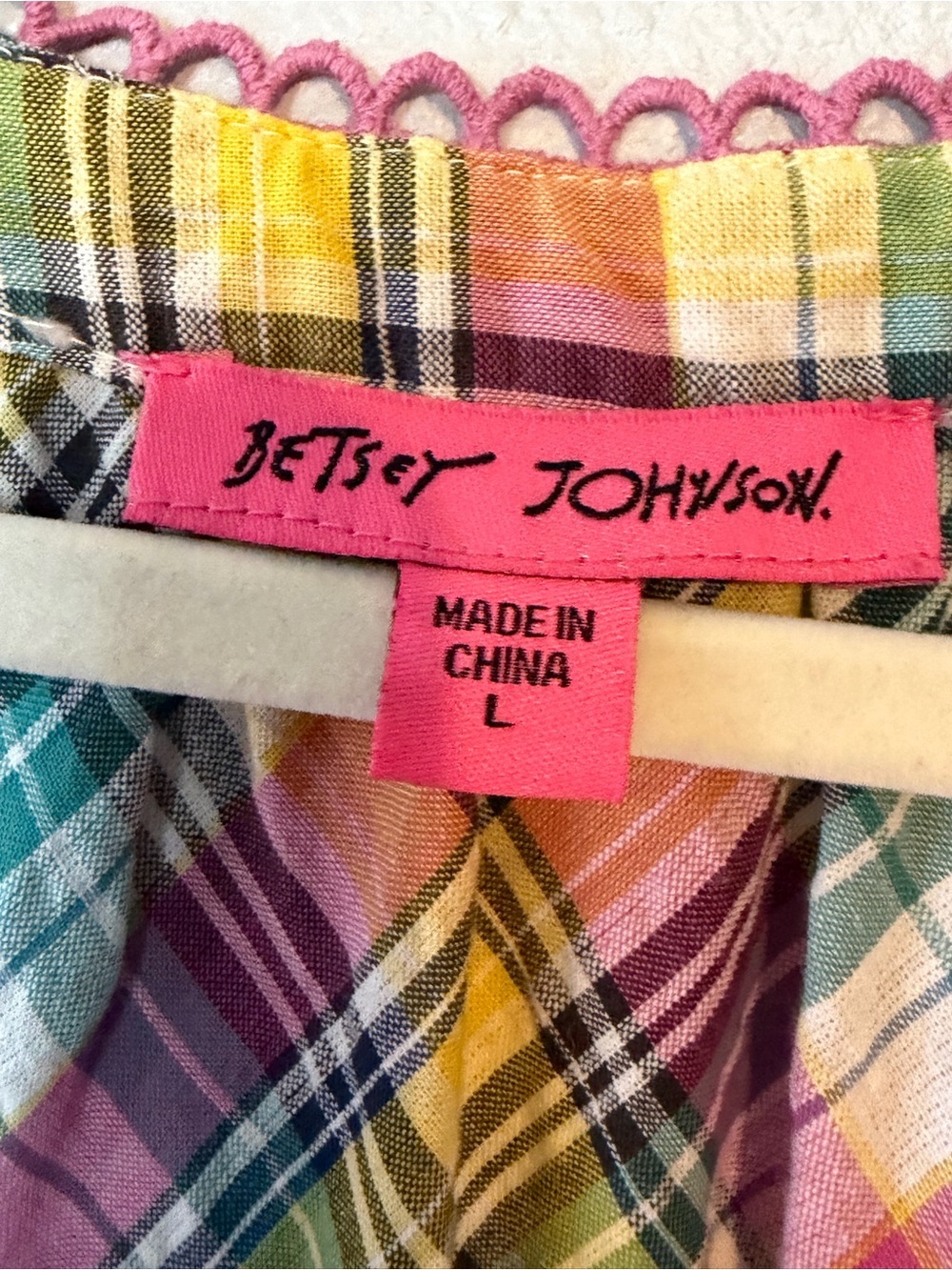 Betsey Johnson Madras Puff Sleeve Tiered Midi Dress size Large - Picture 3 of 4